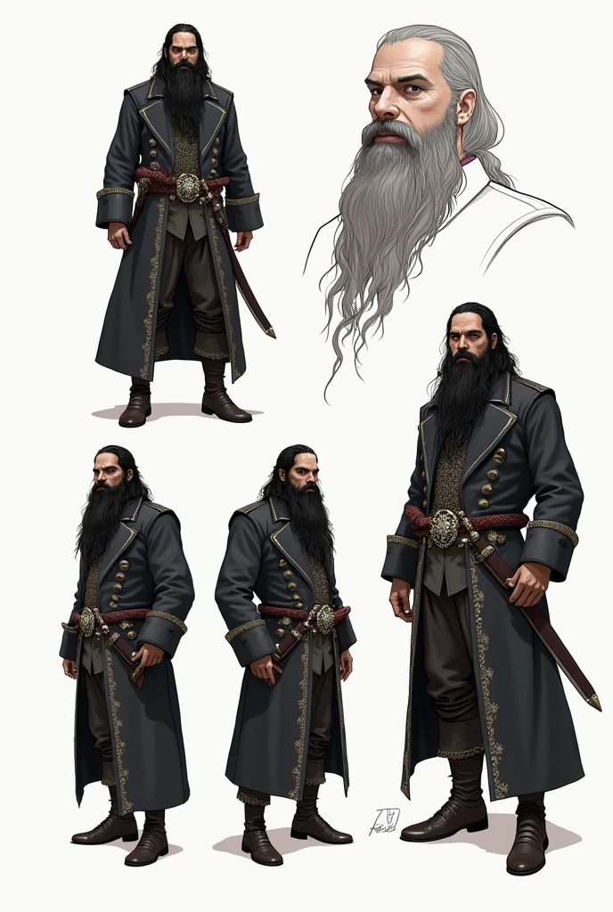 4 sketches of Blackbeard, concept art, pirate captain, full length, only outlines, thick beard, piercing eyes, long black coat, with a richly decorated sword on his belt, Without background