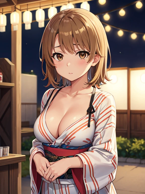 Photo taken at a festival at night,Photograph the whole body,Irohashishiki test, Isshiki Iroha, Short Hair, Brown hair, (Brown Eyes:1.5)Big Breasts,Cleavage,Yukata