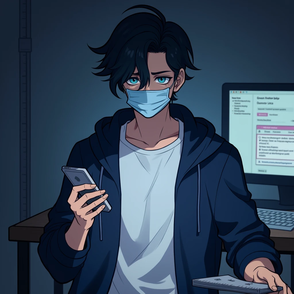 One person,Handsome,Black Hair, blue eyes, White T-shirt,Navy blue jacket,smartphone,computer,mask,Anime Style,An illustration,Drooping eyes,Illness,night,Streamer asymmetrical hairstyle, seems kind,Confused eyes,maskで鼻を隠す,Droopy eyes,Ruler,internet