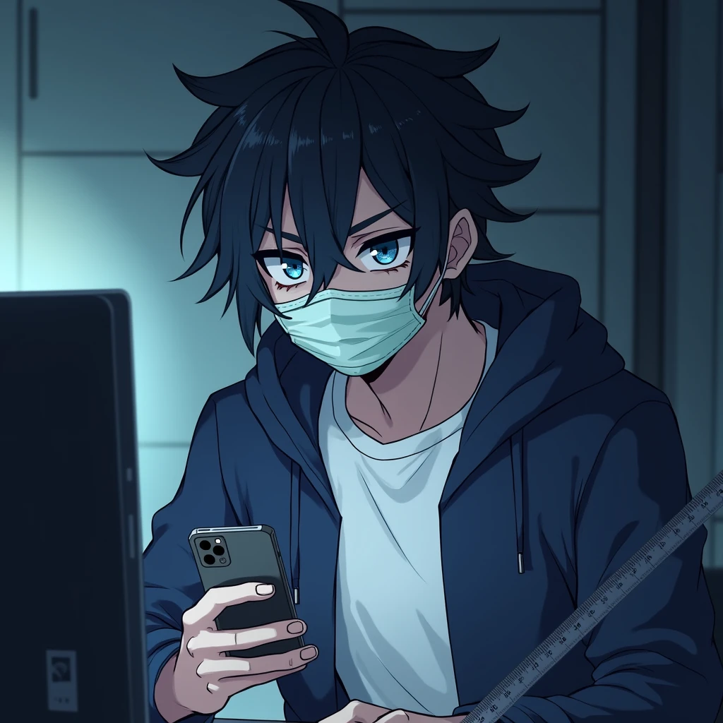 One person,Handsome,Black Hair, blue eyes, White T-shirt,Navy blue jacket,smartphone,computer,mask,Anime Style,An illustration,Drooping eyes,Illness,night,Streamer asymmetrical hairstyle, seems kind,Confused eyes,maskで鼻を隠す,Droopy eyes,Ruler,internet