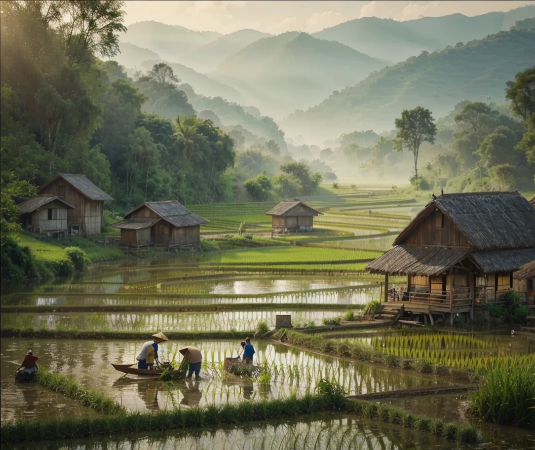 Please make me a realistic drawing of Peaceful Country Life.
Describe a peaceful rural scene with people harvesting rice in the rice fields..
about daily activities. with a background of a small wooden hut as a resting place and green natural scenery.