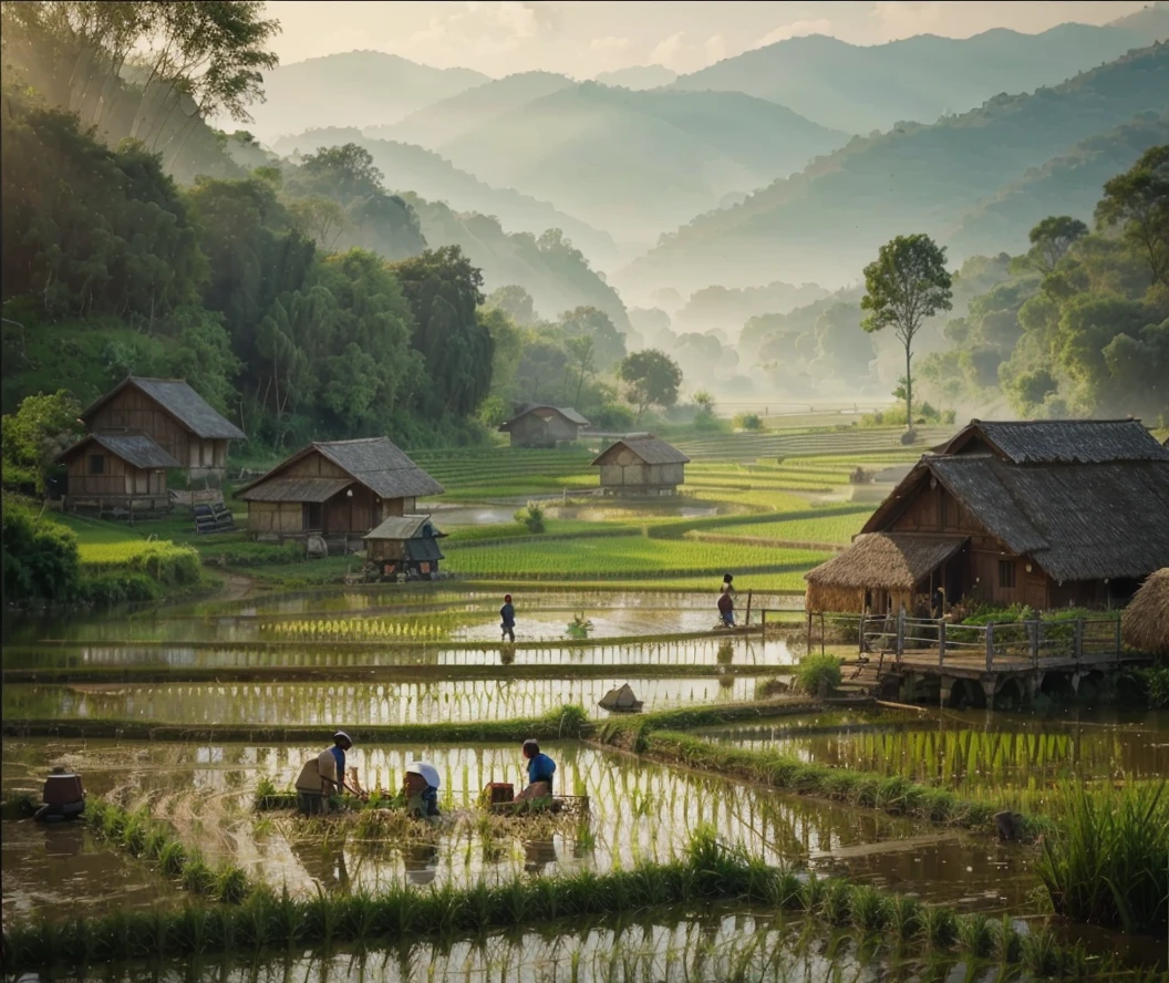 Please make me a realistic drawing of Peaceful Country Life.
Describe a peaceful rural scene with people harvesting rice in the rice fields..
about daily activities. with a background of a small wooden hut as a resting place and green natural scenery.