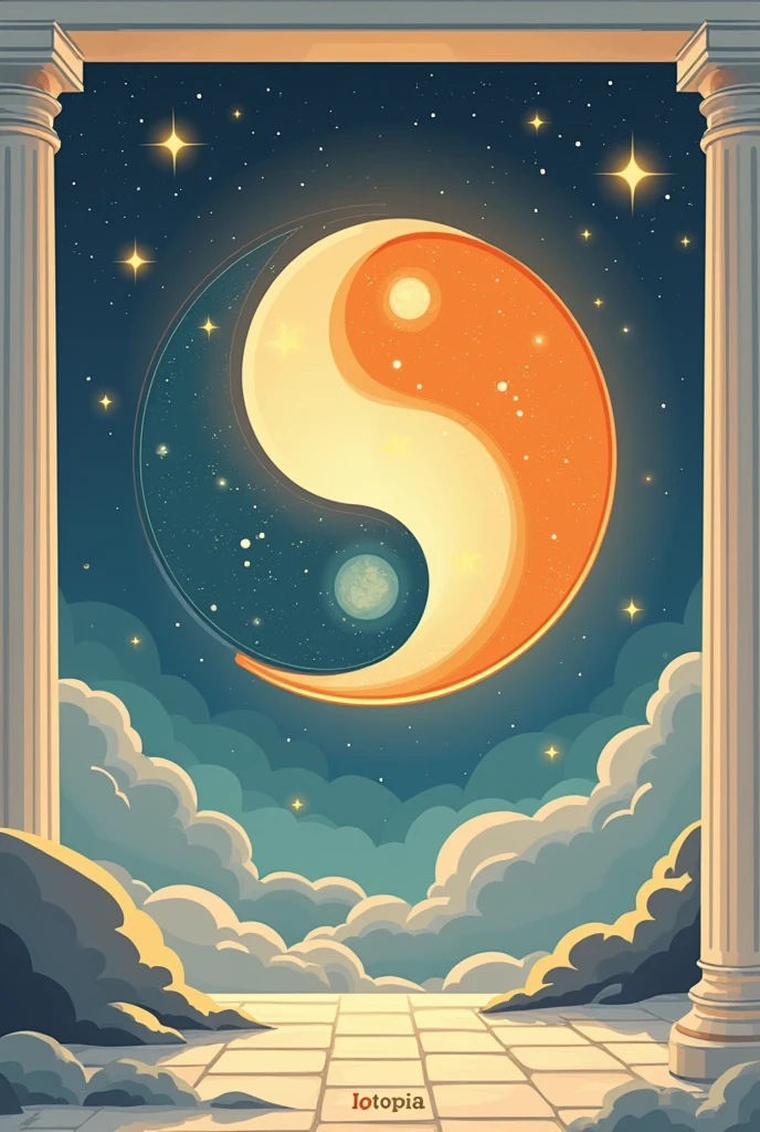 Logo Iotopia : lune et soleil interdépendants avec une touche de Grèce antique, essaie d’inclure le nom iotopia