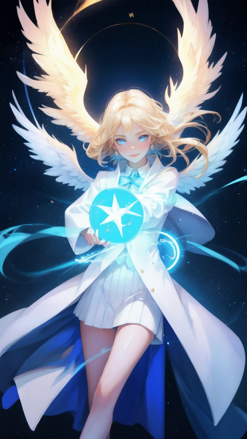 A beautiful, cute anime girl with long blonde hair wearing a white suit, emerging from a swirling vortex of blue water on a casino table. She has a determined and confident expression, holding a golden coin prominently to show its importance. She's surrounded by floating poker chips with numbers. Behind her, a majestic white phoenix-like creature with glowing blue wings spreads its wings. The background is a deep, rich blue, creating a magical atmosphere. Various casino elements like cards and chips are scattered around. The scene is illuminated by vibrant blue and yellow glows, emphasizing the dynamic nature of the image. The style is colorful and cartoonish, with sharp details and a glossy finish, conveying that possessing coins is key to success in this setting.