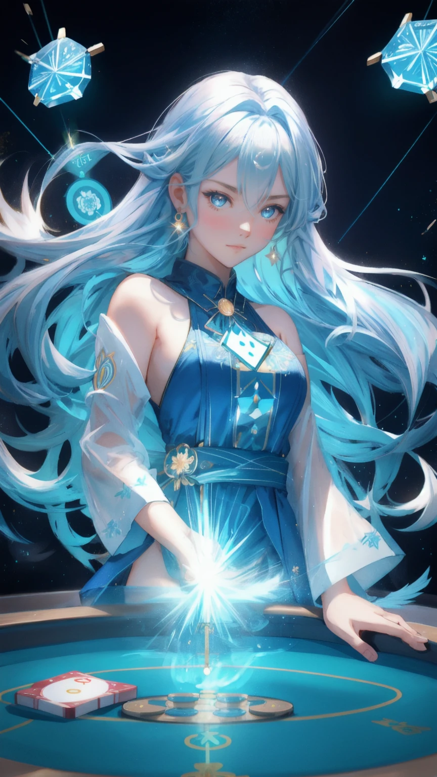 An anime-style cute girl with long, flowing golden hair emerges from a whirlpool of azure water on a poker table. Her expression is fierce and determined as she clutches a shining coin. She's surrounded by an aura of success, with poker chips bearing lucky numbers orbiting her. A majestic ice-phoenix with crystalline wings watches over her. The entire scene is set against a backdrop of electric blue, pulsing with energy and possibility.