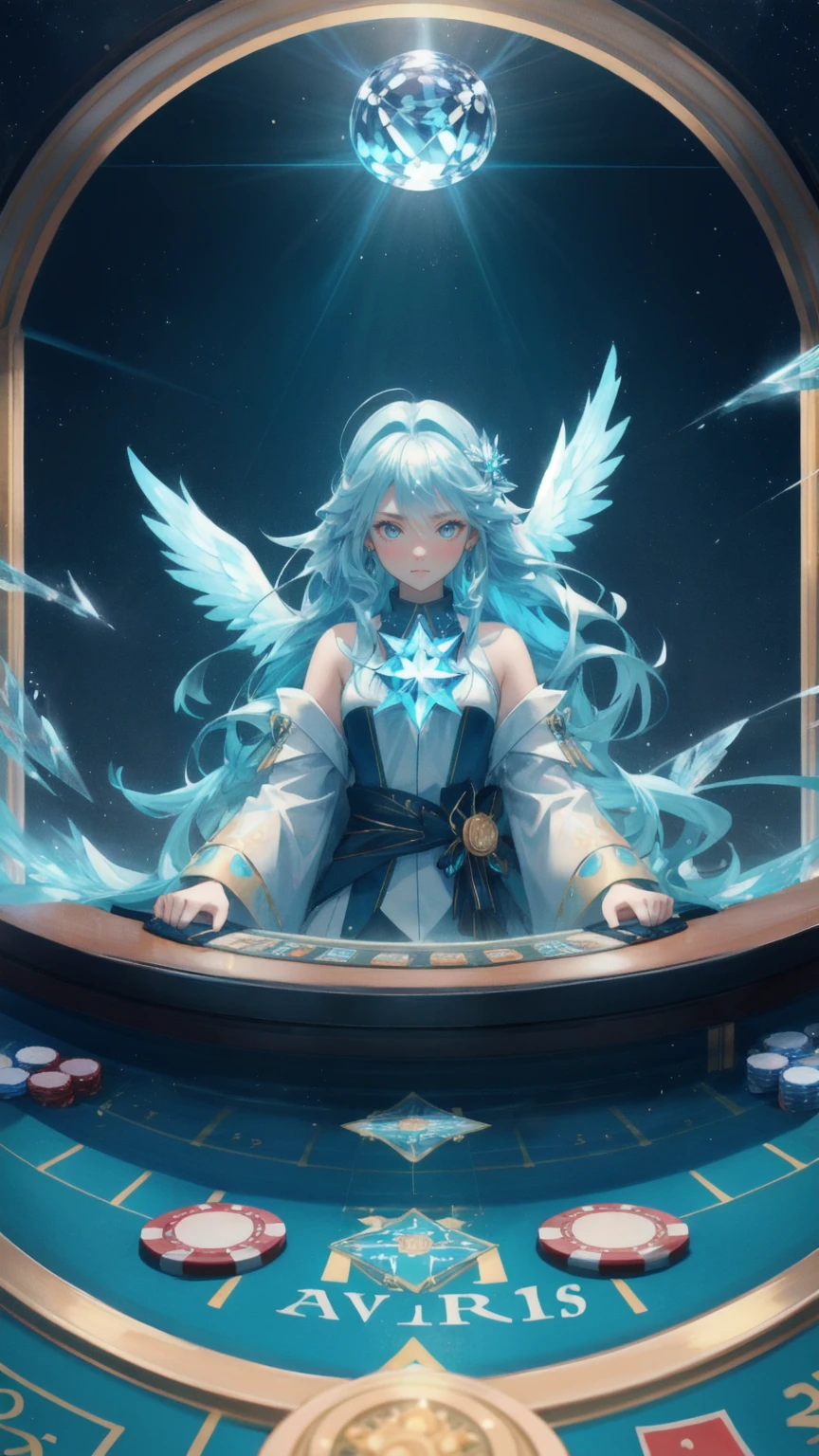 An anime-style cute girl with long, flowing golden hair emerges from a whirlpool of azure water on a poker table. Her expression is fierce and determined as she clutches a shining coin. She's surrounded by an aura of success, with poker chips bearing lucky numbers orbiting her. A majestic ice-phoenix with crystalline wings watches over her. The entire scene is set against a backdrop of electric blue, pulsing with energy and possibility.