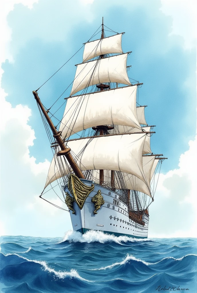 Creare a white galleon with silver lion figurehead, watercolor painting