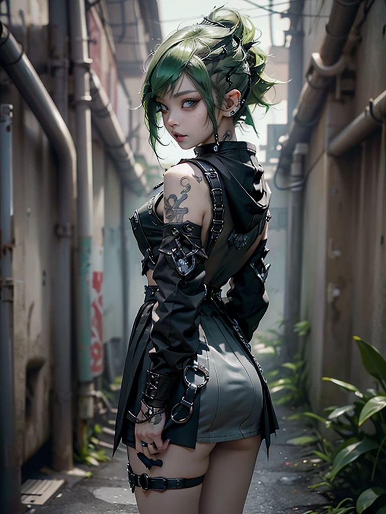 Ultra high resolution, rich colors, perfect image, top quality, detailed image, beautiful woman, glowing skin, skin and clothing texture, delicate eyes, back alley at night, punk gal, punk girl, choker, tight skirt, pantyhose, one knee up, leaning against wall, full body, silver hair twin tail, green eyes