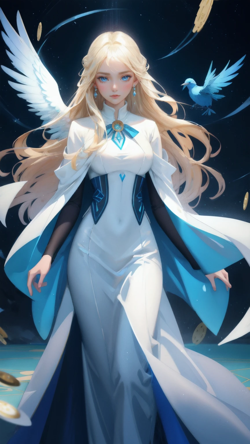 A beautiful young woman in a sleek white suit rises from a spiraling tempest of sapphire water. Her blonde hair whips dramatically around her face, which bears a look of unwavering resolve. She holds up a gleaming coin like a talisman of fortune. Poker chips rain down around her, each one a potential jackpot. Above, an ethereal bird of paradise with radiant blue plumage spreads its wings. The background is a rich, royal blue, suggesting depth and mystery.