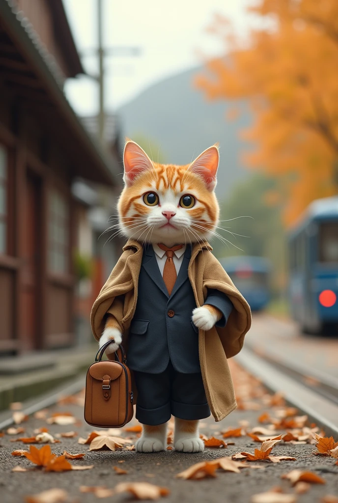 35mm lens,Cat,Standing,Doll,Carrying a small school bag,Japanese style,Tram,Hokkaido,Autumn Station,Wooden house,Platform, cloak,Ruan Jia,Suit,tie,花Cat,Stupid Dog,Muscular male Cat, (Delicate face), (Fine fluffy fur)