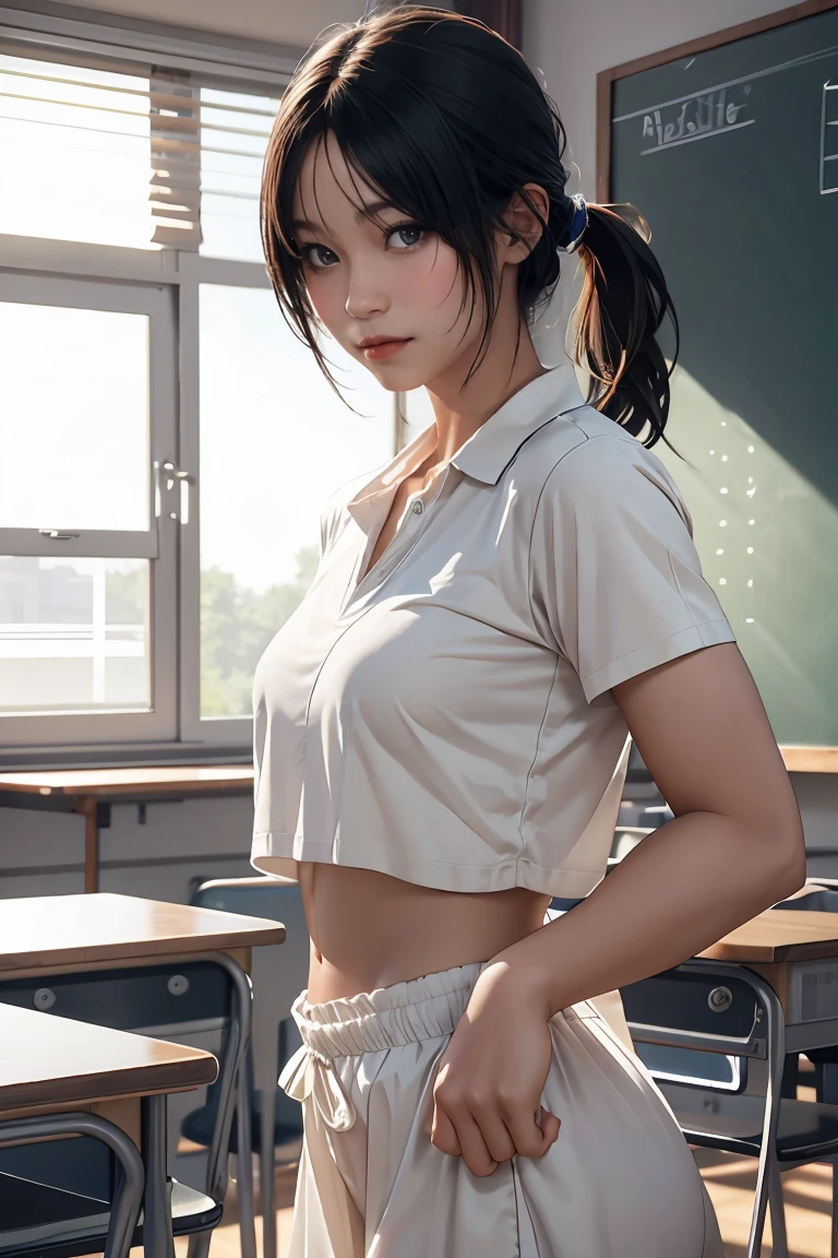 1 girl, ภาพช็อตของ re4ashley, About sports, black , white shirt, classroom, Volumetric light, best quality, Masterpiece, complicated details, Tone mapping, Sharp focus, There are too many details., Trending on artstation, realistic, 