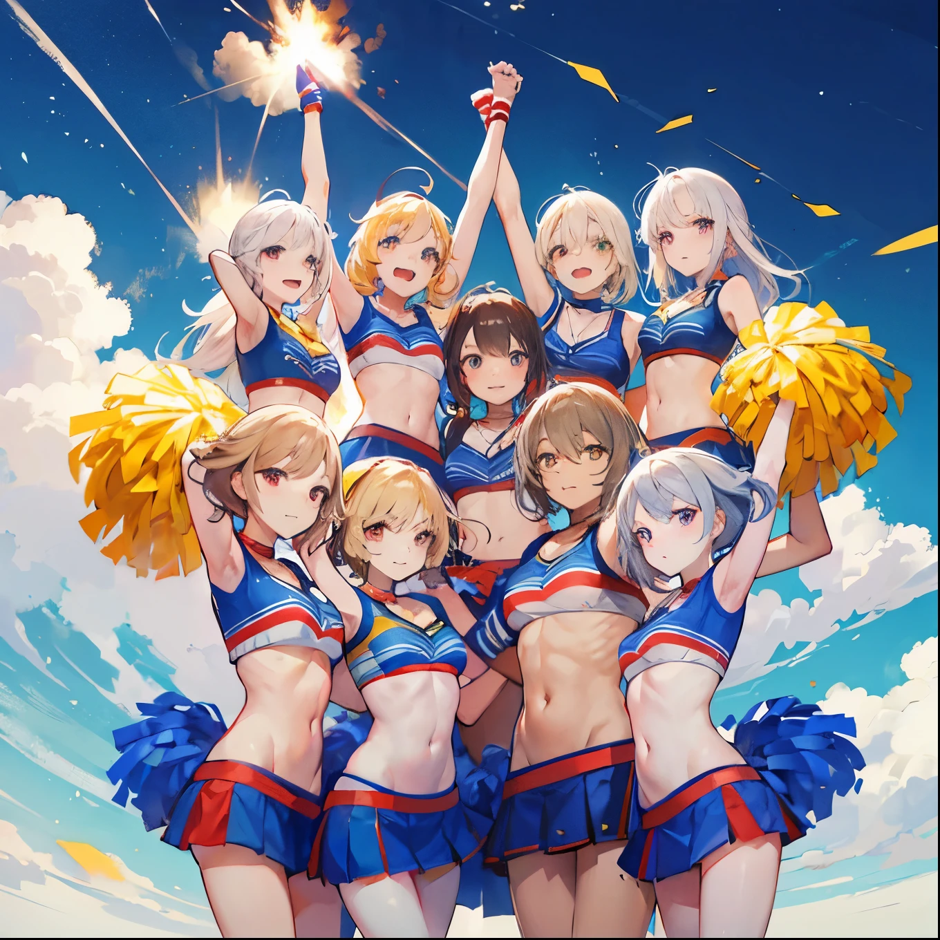 Cheerleader, 5-people, Squadron, Pose side by side, A big explosion behind them.