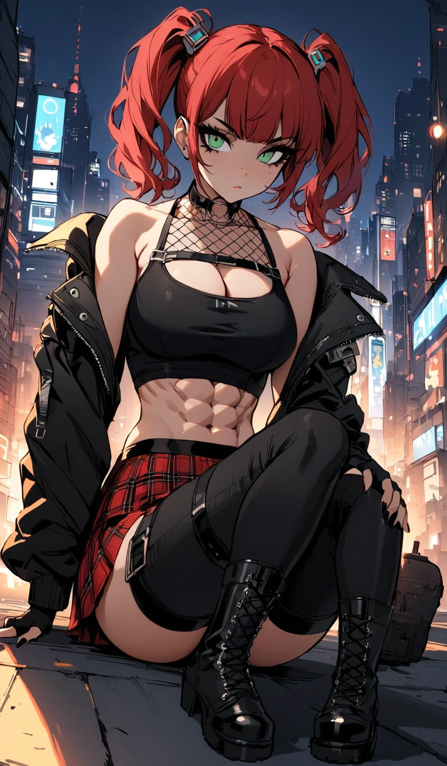 woman, stoic, curly red hair in pig tails, green eyes, black eyeshadow, wearing crop top black shirt, long black jacket, red plaid skirt, black knee high boots, black fingerless gloves, exposed shoulders, large breasts, freckles, abs, cleavage, looking down at viewer, masterpiece, best quality, Holo-Punk Style, cityscape, make up, eyelashes, fish net undershirt, fish net stockings, (full body), legs crossed