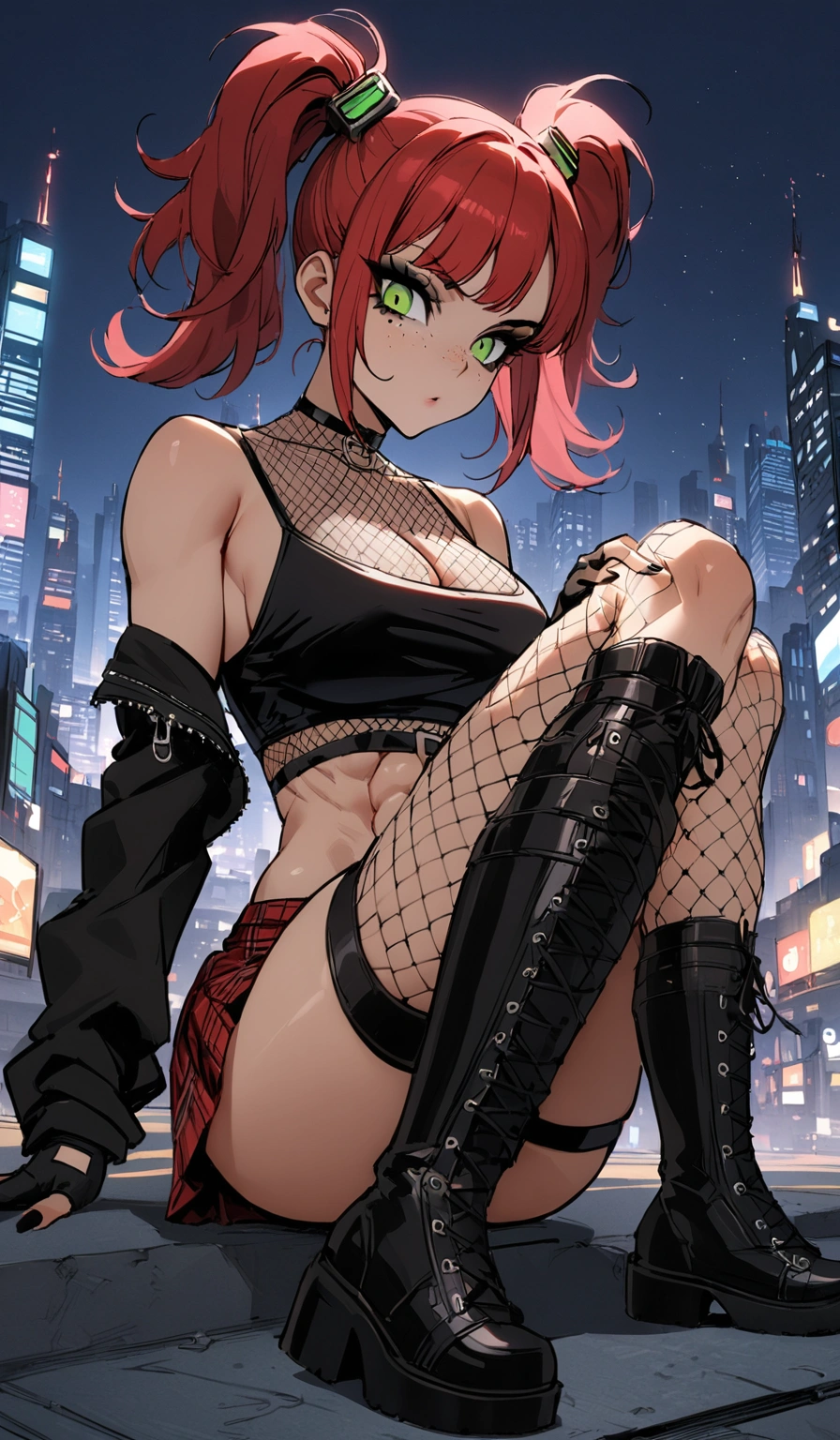 woman, stoic, curly red hair in pig tails, green eyes, black eyeshadow, wearing crop top black shirt, long black jacket, red plaid skirt, black knee high boots, black fingerless gloves, exposed shoulders, large breasts, freckles, abs, cleavage, looking down at viewer, masterpiece, best quality, Holo-Punk Style, cityscape, make up, eyelashes, fish net undershirt, fish net stockings, (full body), legs crossed