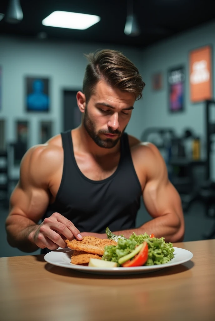 A gym trainer is eating gym diet
