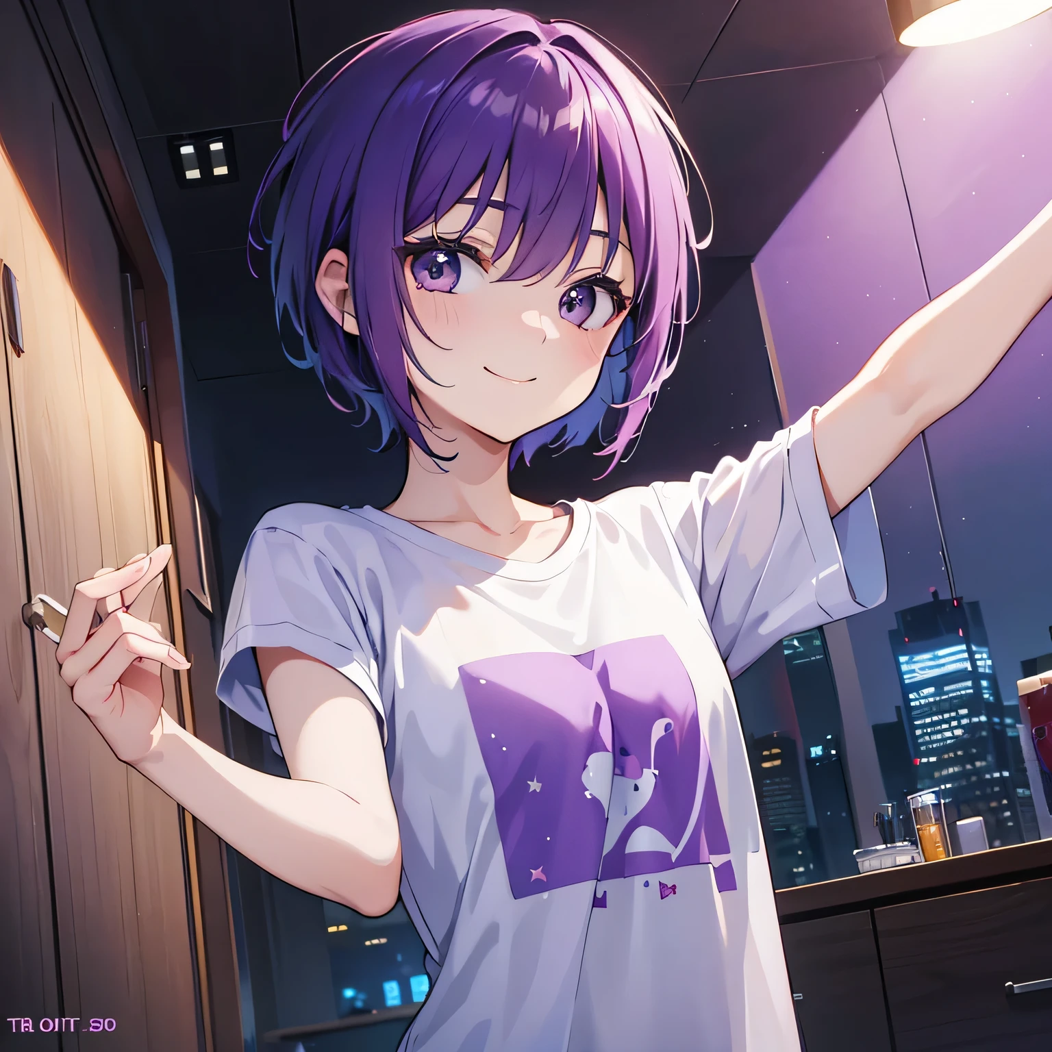 (T Masterpiece,4K wallpaper,Best Quality))、((1people))、(solo)、Bright and Brilliant,(Purple Hair)、(short hair:1.3)、smile、Bedroom、T-Shirts、night