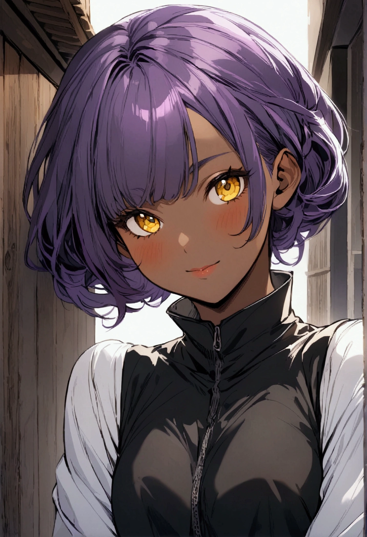 Adorable black woman with purple hair and yellow eyes that wears Shinigami clothes and looks 25 years old 