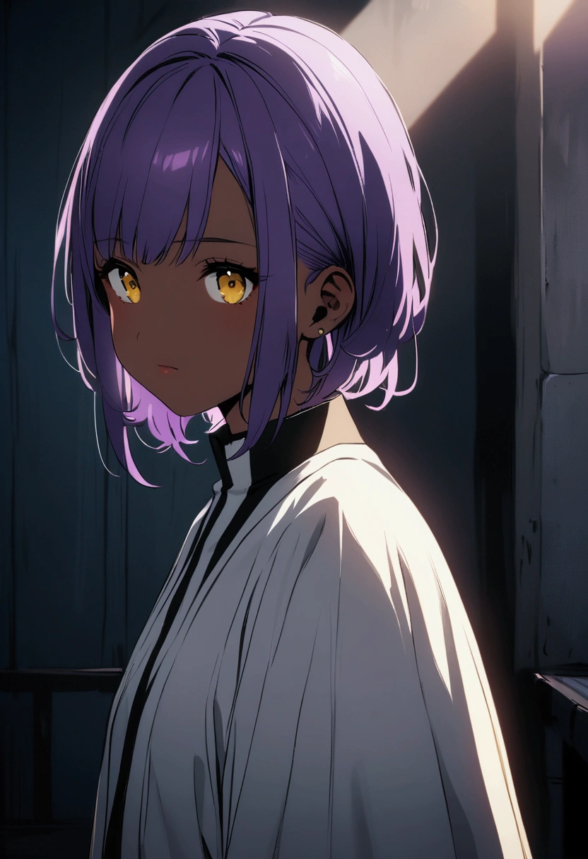 Adorable black woman with purple hair and yellow eyes that wears Shinigami clothes and looks 25 years old
