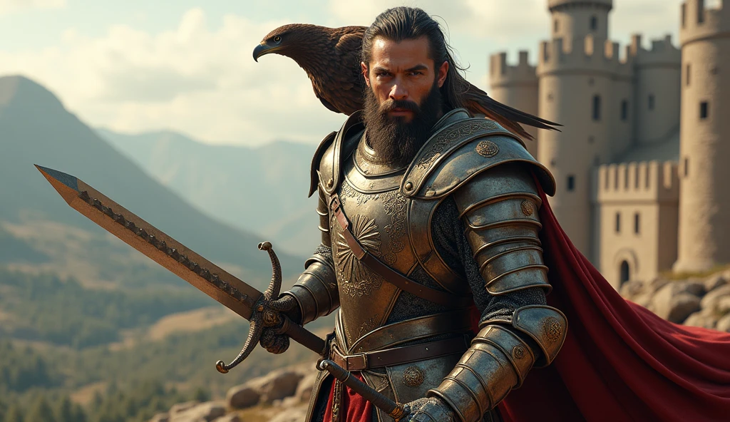 Medieval warrior  with eagle on his shoulder and Medieval military gear wielding his mighty sword with a beautiful mistress