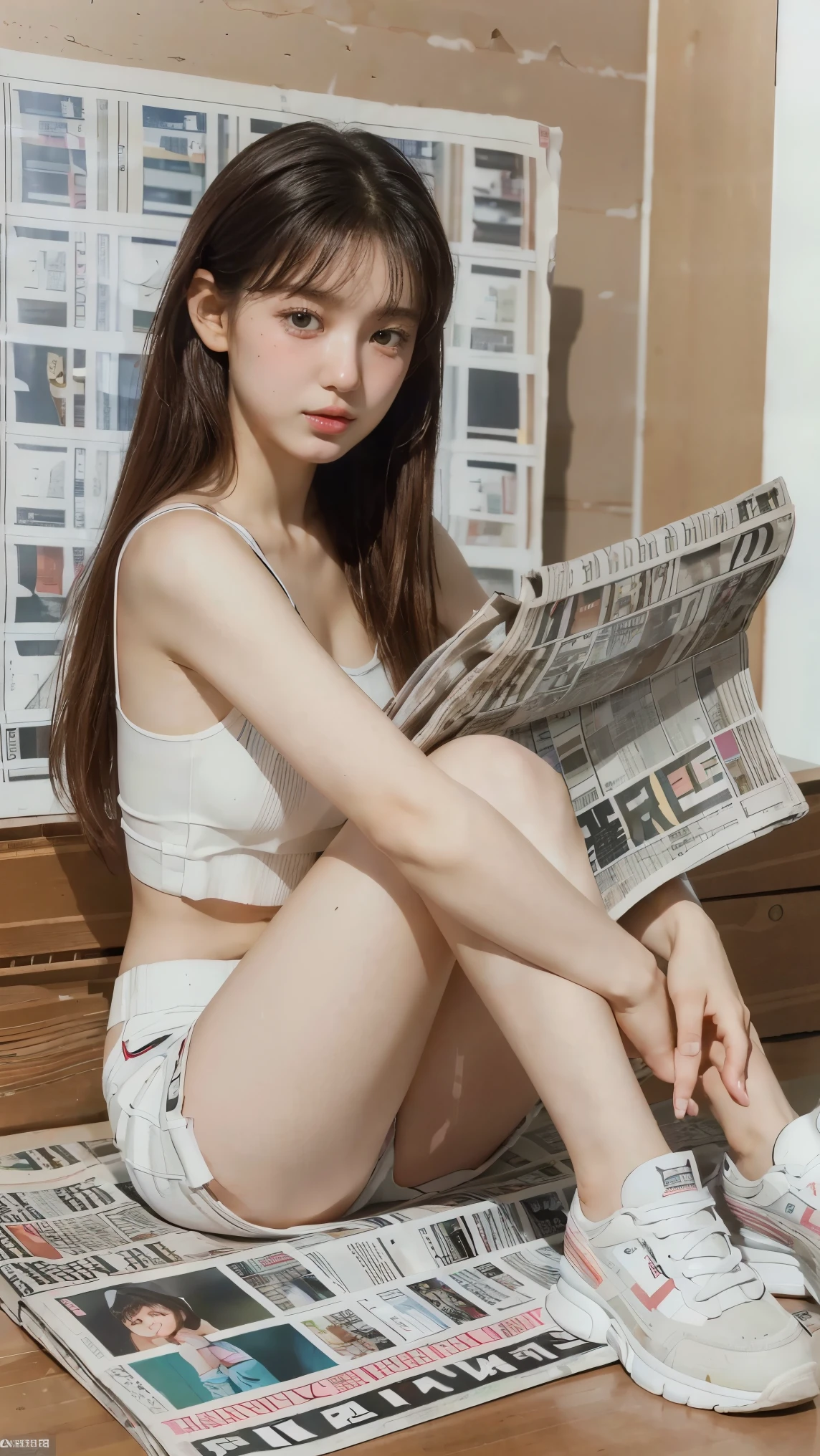 best quality, Masterpiece, Ultra high resolution, raw photos, soft light, beautiful and beautiful, (realistic: 1.4), (Newspaper background: 1.5), sports shoes, 1 girl sitting on a pile of newspapers, (A lot of white newspapers are stuck on the background.: 1,2), alone, Hands between the thighs, looking at the audience, stand,
  