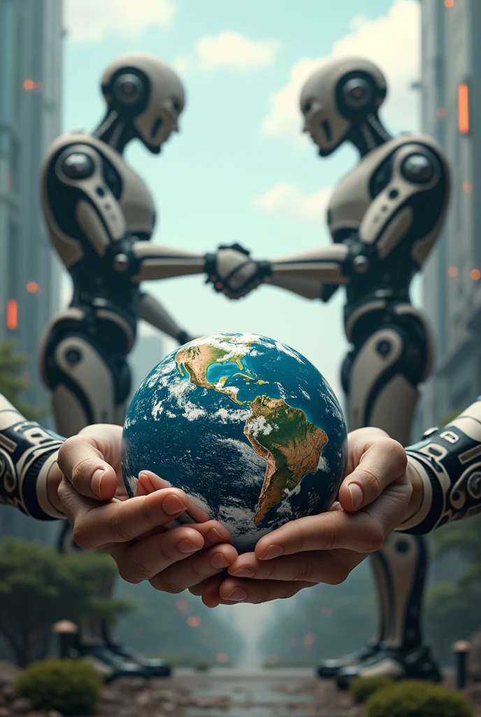 A two hand holding the earth and above of that there is a two big person and a robot shaking thier hand at the background and below of the earth is full of building and flying technologies