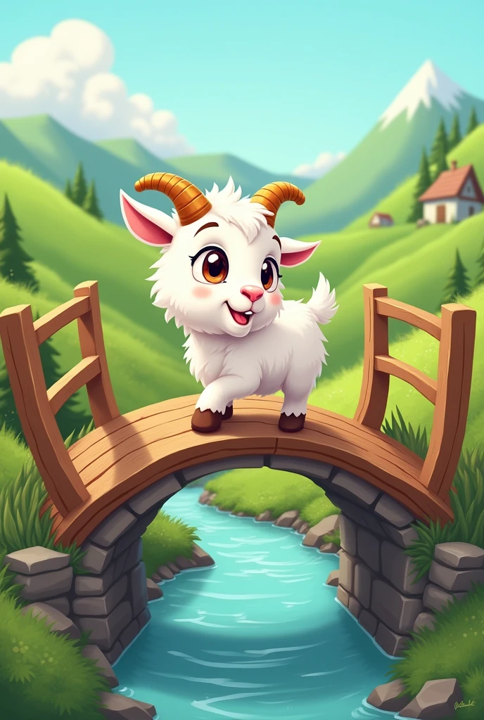 Cartoon one white goat crossing on the bridge