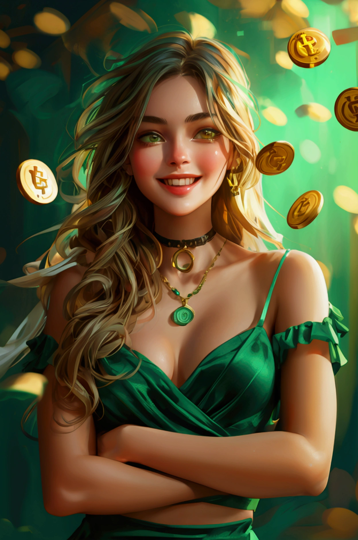 people buy crypto in low, holding then sell on high rate, happy face girls, proudly girl, wearing green dress, full character standing position , bitcoins showing in the image