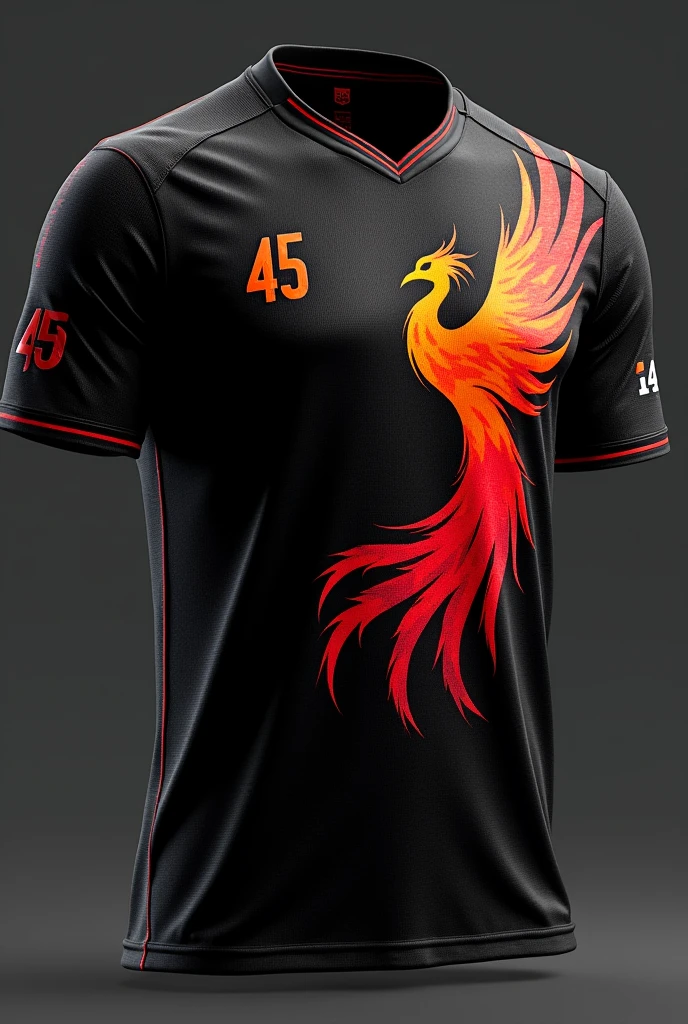 Black jersey with red colour phoenix on the right chest and number 45 on the back and IAG as brand sponsor on the left hand 