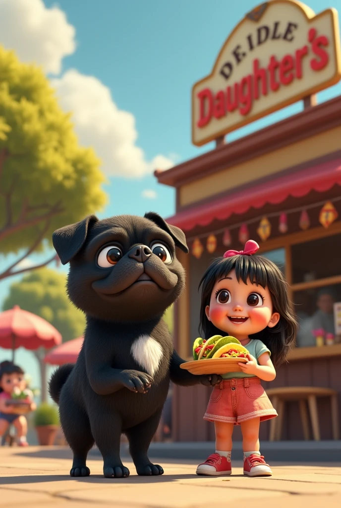 Black pug with a white spot on his chest selling tacos next to a chubby girl and in the background a restaurant with a sign that says that daughter