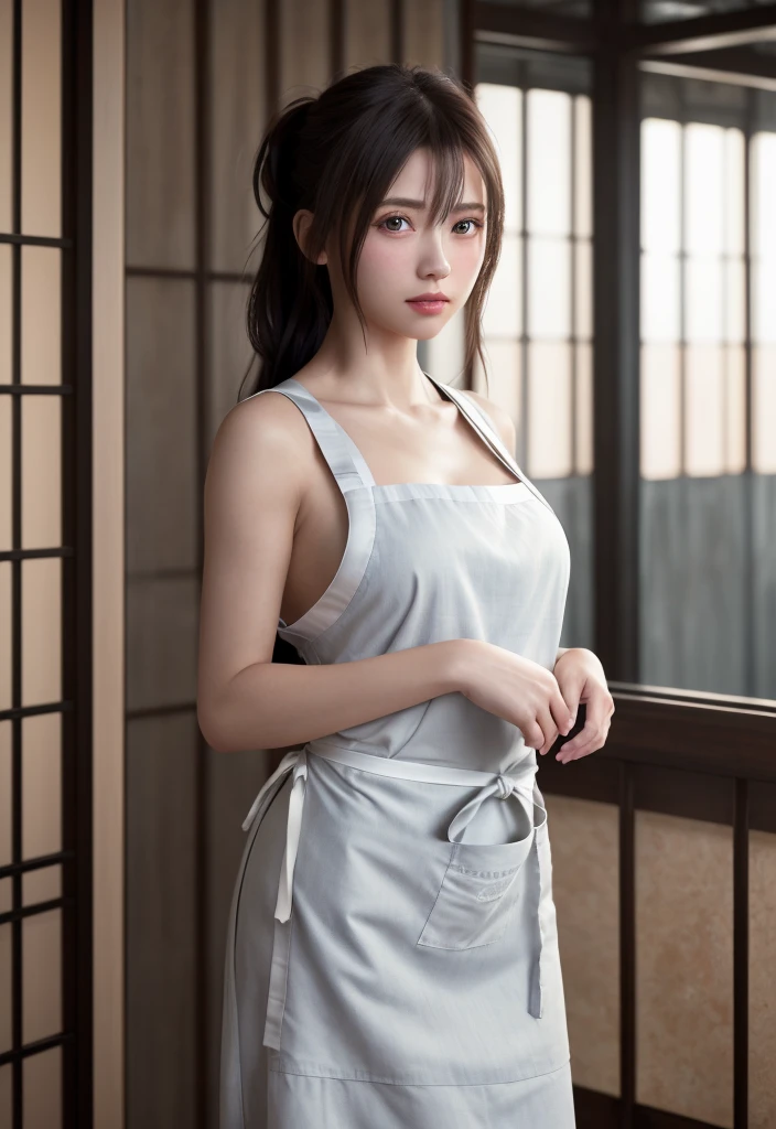 8K, of the highest quality, masutepiece:1.2), (Realistic, Photorealsitic:1.37), of the highest quality, masutepiece, Beautiful young woman, Pensive expression, Gentle eyes, Apron naked、Lovers、Hair tied back, Messy mood, Cinematic background, Light skin tone