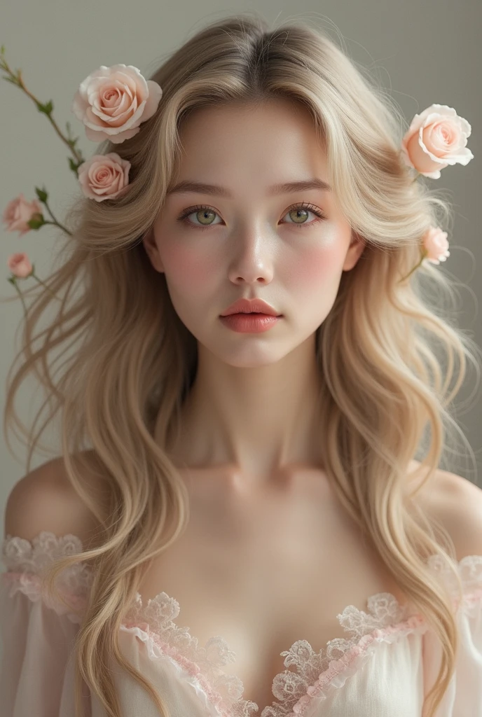 A woman with fair skin, long hair, beautiful, neat, and sweet like a rose.