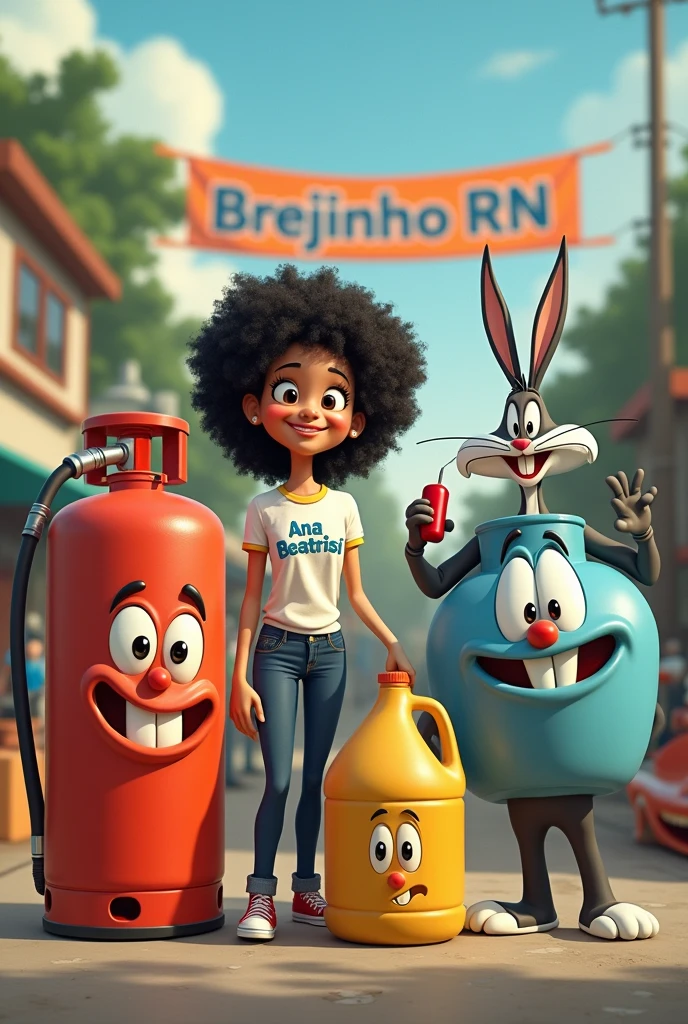 a gas cylinder next to a gallon of water sold in Brazil ,both smiling with a banner that says “Brejinho RN” is a white woman with black curly hair with a blouse that says “Ana Beatriz” and the little looney tunes
