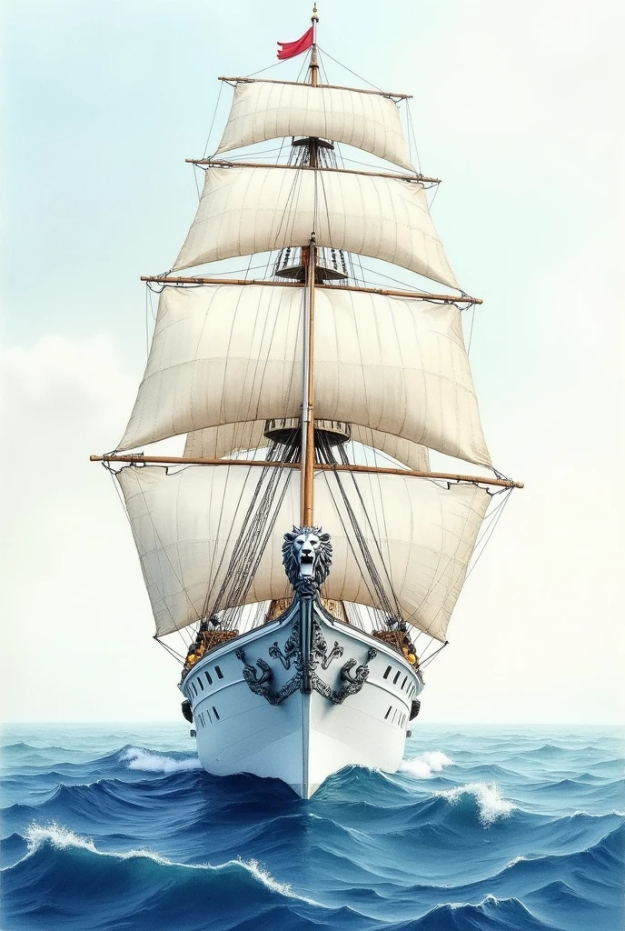Creare a white brig with silver lion figurehead, watercolor painting.