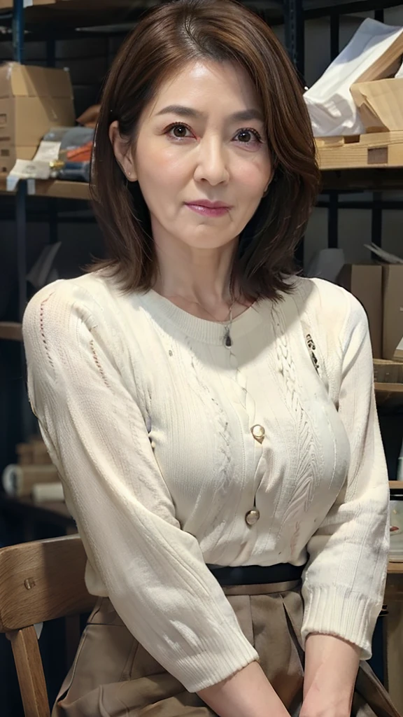 High resolution, High resolution, Attention to detail, masterpiece, Textured skin, Anatomically correct, sharp, ((Japanese Mature, 75 years old)), alone, (Facial wrinkles), Shapely , Brown long hair, bangs,(((Stand upright, facing the center.))),Look at the photographer, Open your mouth and stare straight ahead, White sweater, (Tight Skirt:1.3),(Sitting),(Thighs:1.1),Inside the warehouse,(Serious expression)