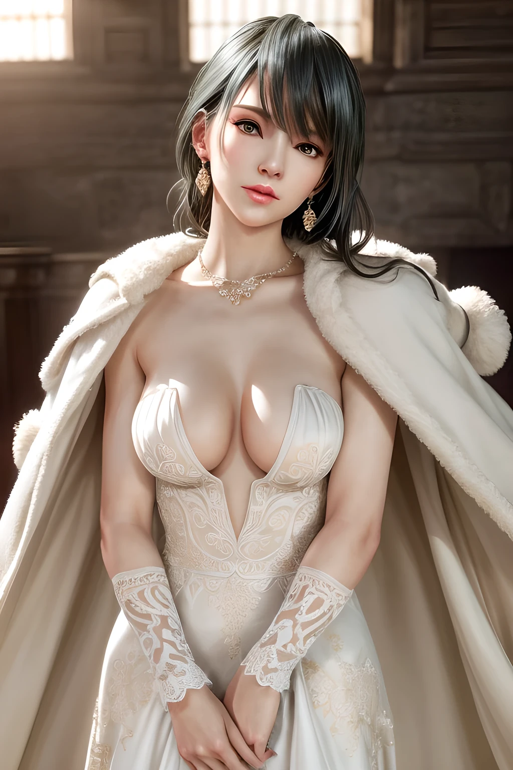 A lady with extraordinary temperament, she stands in a modern indoor space, as if she is a model from a fashion magazine. She is wearing a (pure white long fur cape), the softness and luster of which makes her look more noble under the light, and complements her (beige dress) underneath, showing her gentle temperament while maintaining a sense of fashion. The style of the dress is simple and generous, a perfect match, and it lengthens her figure, making her tall and charming. The lady's makeup is delicate and elegant, which just highlights her facial features and makes people unforgettable at first sight. Although the earrings and necklace she wears are not ostentatious, they add a bit of sophistication and nobility to her overall look. Her hair is casually draped over her shoulders, and every strand of hair exudes a natural luster,, (best quality,8k,highres,masterpiece:1.2),ultra-detailed,(realistic,photorealistic,photo-realistic:1.37),studio lighting,ultra-fine painting,sharp focus,physically-based rendering,extreme detail description,professional,vivid colors