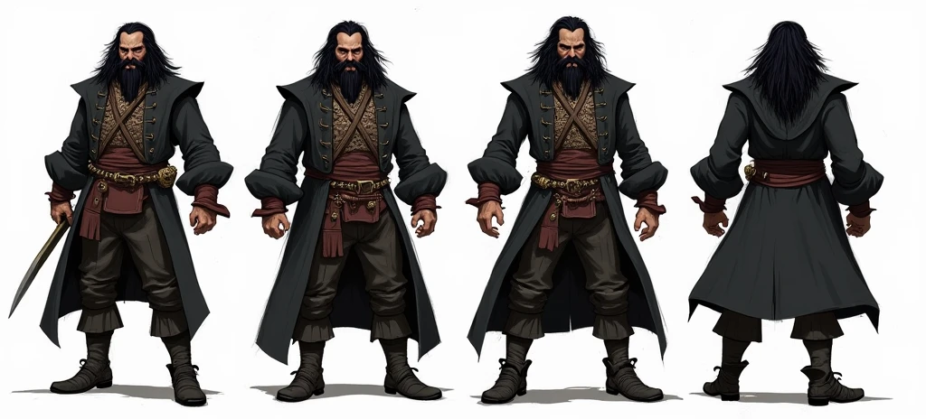 4 sketches of Blackbeard, concept art, pirate captain, full length, only outlines, thick beard, piercing eyes, long black coat, with a richly decorated sword on his belt, Without background