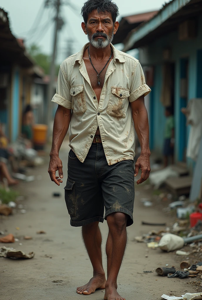 vagabond Filipino 28 years old, dirty white shirt, dirty black short, barefoot, whole body, realistic, with trash