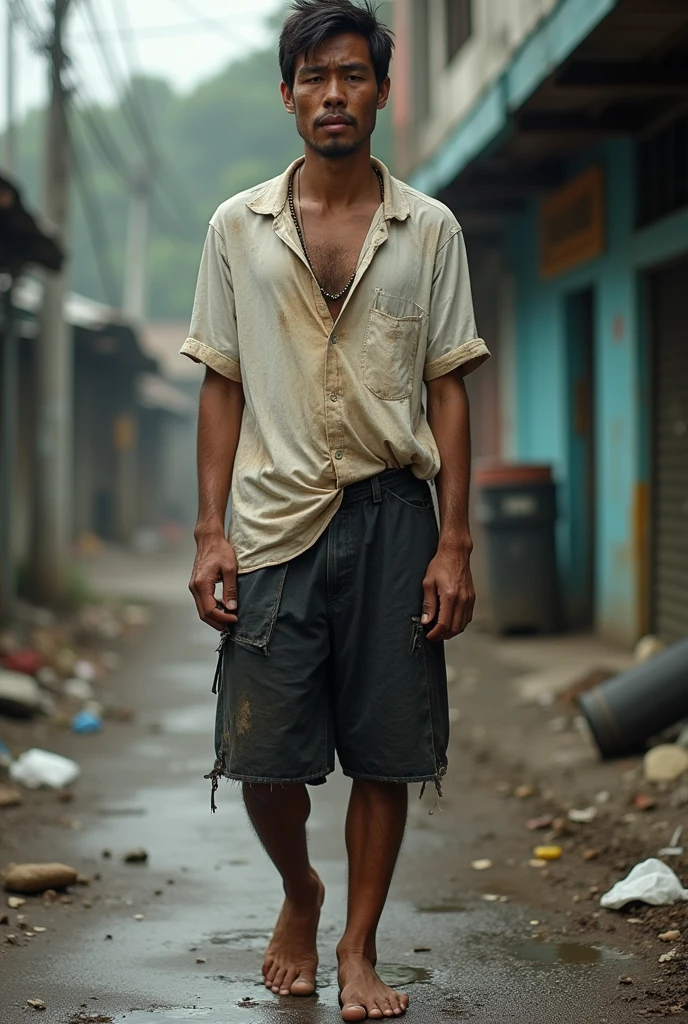 vagabond Filipino 28 years old, dirty white shirt, dirty black short, barefoot, whole body, realistic, with trash