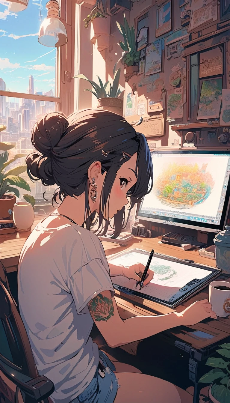 (extremely detailed CG unity 8k wallpaper), (best quality), (best illustration), (best shadow), realistic lighting, beautiful detailed reglow, masterpiece, best quality, lofi artstyle, lofi art, city, town, 80s anime style, Retro, Lo-Fi, 1girl, arm tattoo, black hair, brown hair, cactus, coffee mug, computer, cup, drawing, drawing tablet, ear piercing, earrings, from side, hair bun, holding,  indoors, jewelry, laptop, mug, pen, piercing, plant, potted plant, shirt, short sleeves, single hair bun, sitting, solo, stylus, sunlight, t-shirt, table, tattoo, white shirt, window