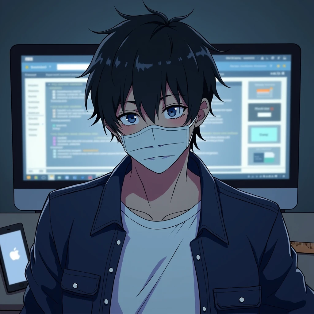 One person,Handsome,Black Hair, blue eyes, White T-shirt,Navy blue jacket,smartphone,computer,mask,Anime Style,An illustration,Drooping eyes,Illness,night,Streamer asymmetrical hairstyle, seems kind,Confused eyes,maskで鼻を隠す,Droopy eyes,Ruler,internet,The background is simple