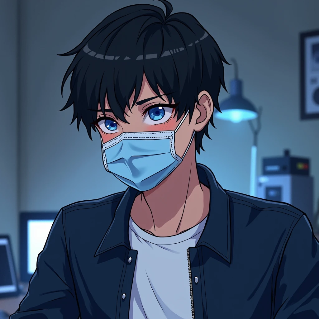 One person,Handsome,Black Hair, blue eyes, White T-shirt,Navy blue jacket,smartphone,computer,mask,Anime Style,An illustration,Drooping eyes,Illness,night,Streamer asymmetrical hairstyle, seems kind,Confused eyes,maskで鼻を隠す,Droopy eyes,Ruler,internet,The background is simple