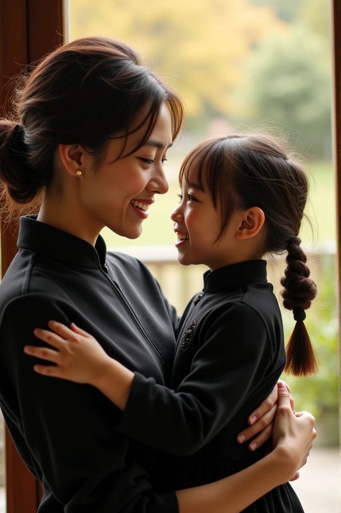 Un fillette en Qipao noire qui prend une photo avec sa mère.