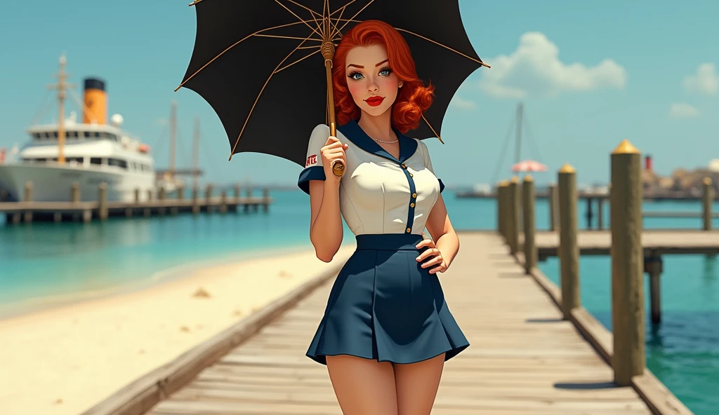 hottie, woman, 20 years old, 40's stewardess uniform, short skirt, white and blue, redhead, sexy pose, holding a black umbrella with wooden handle and intricate decorations, docks, boardwalk, sand, sunny day, full lips, red lipstick, small nose, freckles. full body.