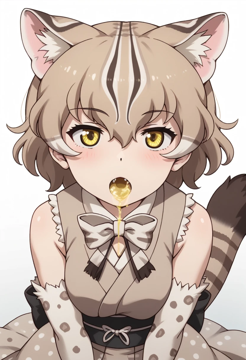 Score_9, Score_8_up, Score_7_up, Score_6_up, Score_5_up, Score_4_up, source_anime, anime style, 1girl,tsushima leopard cat \(kemono friends\), 1girl, cat ears, animal ear fluff, yellow eyes, multicolored hair, brown hair, short hair, cat tail, animal print, leopard print, print bowtie, print kimono, sleeveless, sash, print skirt, back bow, fur-trimmed gloves, print gloves, elbow gloves, fur-trimmed skirt, print legwear,anime coloring, aged down, cute, horny, excited, aroused, heavy breathing, urine in mouth, close up, penis