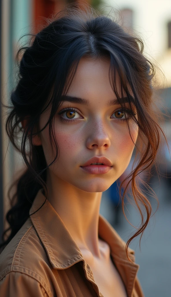 A realistic photograph of a stunning girl with [colorful hair] with [dark roots], a [small nose], highly detailed face, detailed woman face, detailed hand, beautiful [brown eyes], wearing a [shirt], in [city], [full body], highly detailed, cinematic, professional, bright color, dramatic ambient dynamic, thought, majestic, rich deep colors, vivid, stunning, graceful, wonderful, magic, perfect, pretty, marvelous, pure, scenic, sharp focus, extremely inspirational, elegant, colossal, epic, fine detail, sincere, amazing, singular, beautiful, fantastic