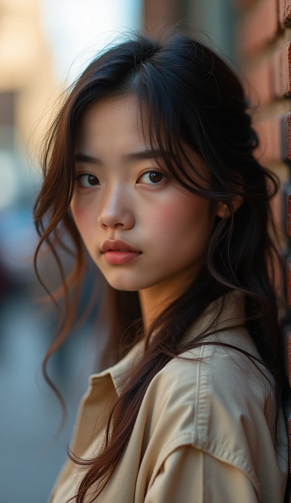 A realistic photograph of a stunning girl with [colorful hair] with [dark roots], a [small nose], highly detailed face, detailed woman face, detailed hand, beautiful [brown eyes], wearing a [shirt], in [city], [full body], highly detailed, cinematic, professional, bright color, dramatic ambient dynamic, thought, majestic, rich deep colors, vivid, stunning, graceful, wonderful, magic, perfect, pretty, marvelous, pure, scenic, sharp focus, extremely inspirational, elegant, colossal, epic, fine detail, sincere, amazing, singular, beautiful, fantastic