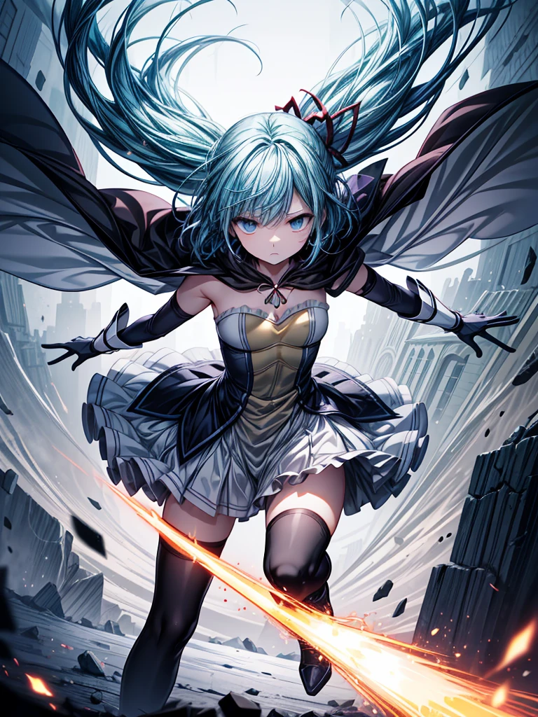 A highly detailed illustration of Sayaka Miki from "Puella Magi Madoka Magica" in the midst of a battle. She is in her magical girl form, wearing her blue and white outfit with a flowing cape. Her short blue hair is tousled, and her expression is intense with determination. She wields a sword with both hands, slashing at an unseen enemy. The scene is dynamic, capturing the motion of her attack, with sparks flying and magical energy emanating from her blade. The background is dark and chaotic, with swirling shadows and a hint of a witch's labyrinth, creating a tense and dramatic atmosphere. The art style should be anime-like, emphasizing the action and emotion of the moment