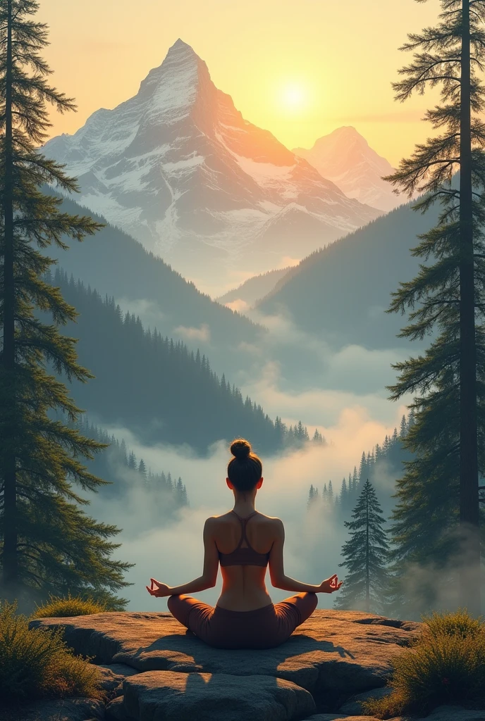 A woman practicing yoga at sunrise in the mountains, Surrounded by ancient forests
