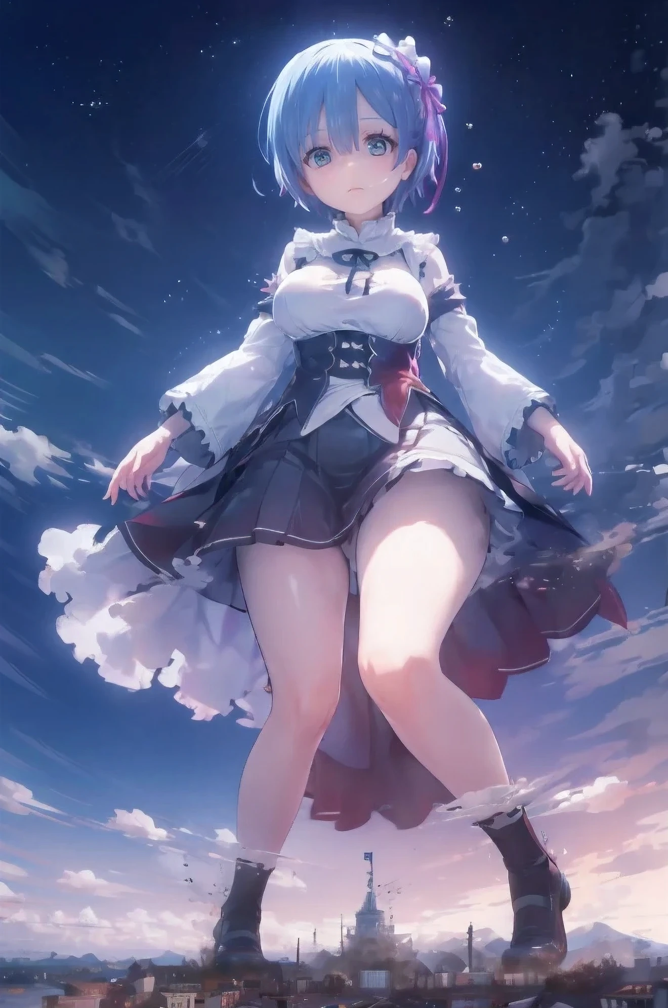 (Ultra mini skirt)、Fisheye Lens、((Long legs))、Super huge breasts、Plump thighs、looking at the camera、Embarrassed、Sweat it out、Giant art, highly detailed Giant shots, Giant, Two legs, Five Fingers, short hair, beautiful, larger than a skyscraper, smile, Big Breasts,Super huge breasts、Plump thighs、(((Rem from Re:Zero)))、((((Maid clothes))))、、looking at the camera、High qualityHigh quality、8ｋ、((照れたsmileでウインク))、(((((Full body description)))))、Low angle camera、Chest、Fantastic、Clothes so tight they seem about to burst、Aqua-sama、(((A giant Rem 400 meters tall))),Reaching out、looking at the cameraで
, Destroy a city, a very small big city, Miniature metropolis, Description of the whole body, GTS, giga Giant,Lots of big explosions、fire、 Skyscraper Stomping City, Crush City, Small Town, Micro City, Pantyhose Legs, High resolution, Highest quality, masterpiece, 