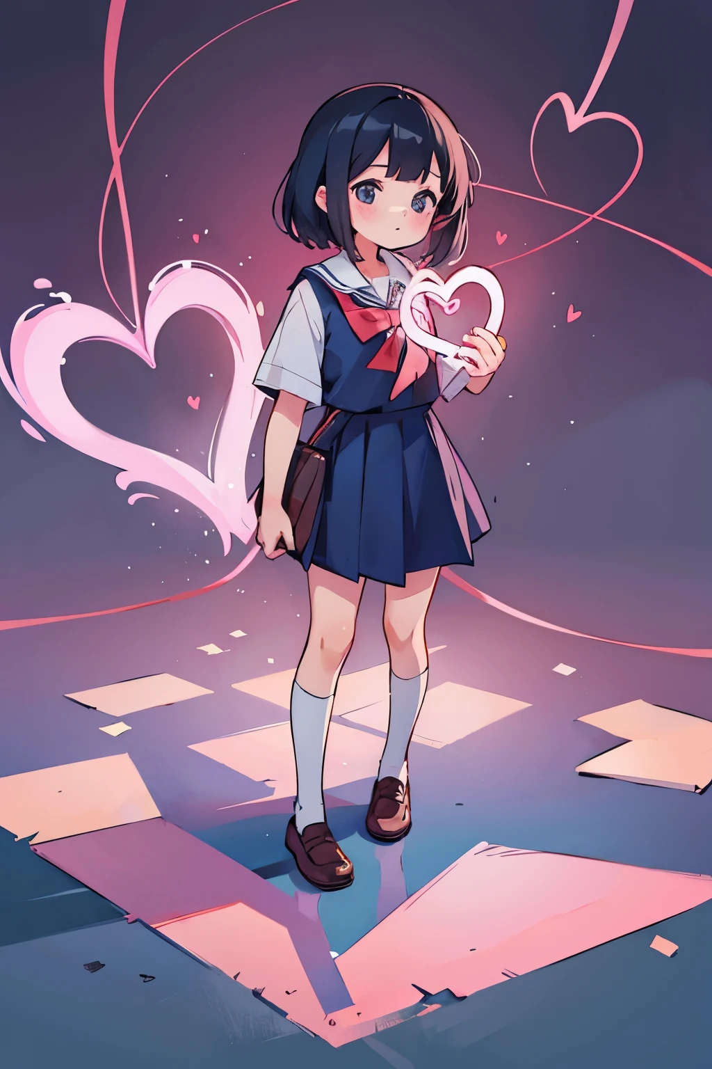 A girl standing on the ground, with a heart in his hands, wearing school uniform, Whole body